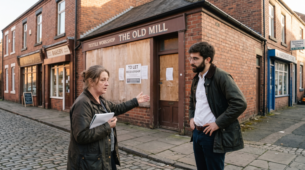 Two people discussing in front of a closed shop.