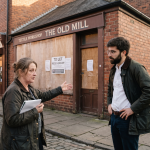 Two people discussing in front of a closed shop.
